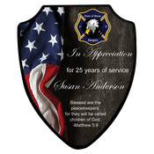 UN5745  Small Gloss MDF Shield Plaque with Black Beveled Edge & Keyholes 5" X 6"