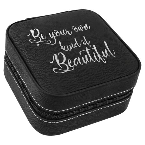GFT2303 - 4" x 4" Black/Silver Laserable Leatherette Travel Jewelry Box with Tan Lining Thumbnail