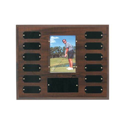 PTP2   Cherry Finish Perpetual Plaque with 12 Plates & 3 1/2" x 5" Photo Holder Thumbnail