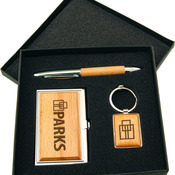 GFT200  Silver/Wood Gift Set w/ Business Card Case, Pen & Keychain 