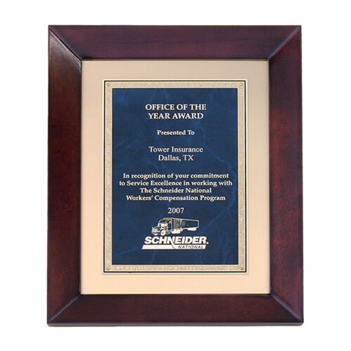 P4272 Cherry finish frame plaque with sapphire marble and gold florentine plate on brushed metal gold background Thumbnail