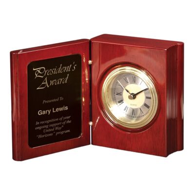 T140  Rosweood Piano Finish Book Clock with Black to Gold Plate  Thumbnail